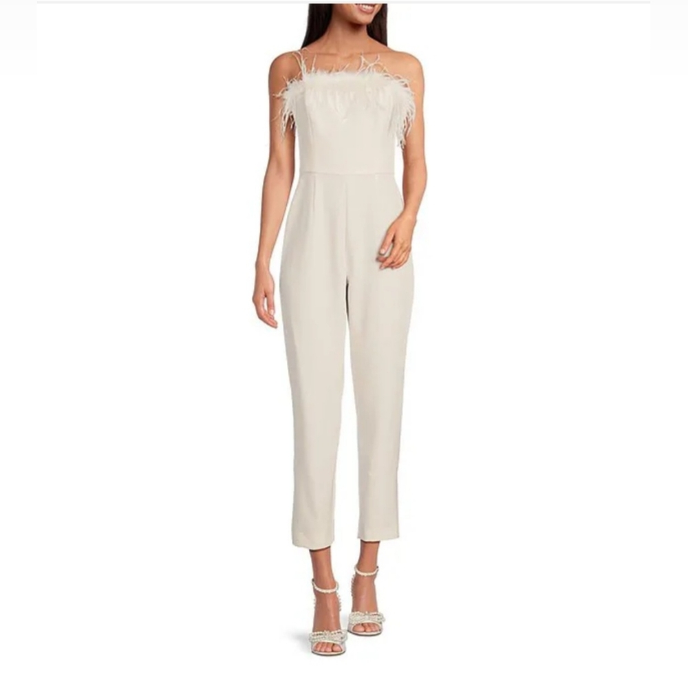 Gianni Bini Kimberly Strapless Feather Straight Leg Jumpsuit